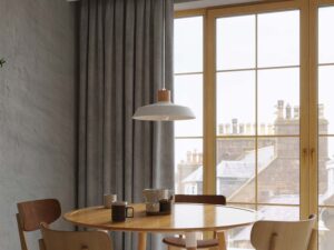 Miniaturka 5 - Betonowa lampa wisząca z drewnem w aranżacji jadalni – styl loftowy