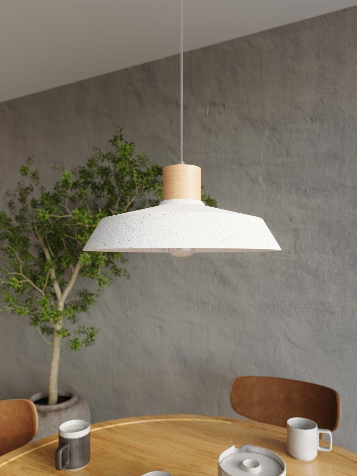 Designerska lampa wisząca z betonowym kloszem i drewnianym wykończeniem