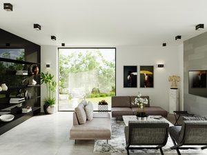 Miniaturka 11 - Salon z dużym oknem i czarnym oświetleniem sufitowym LED