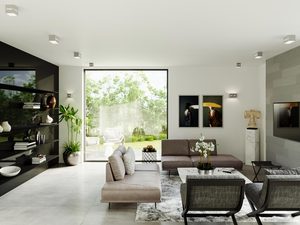 Miniaturka 17 - Otwarta przestrzeń dzienna z betonowym sufitem i białym kinkietem LED