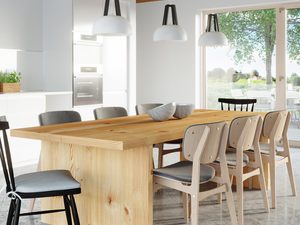 Miniaturka 11 - Drewniany sufit z lampami wiszącymi o czarno-białym kontrastowym designie