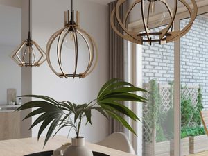 Miniaturka 5 - Trzy lampy wiszące z metalowym kloszem nad stołem w jadalni