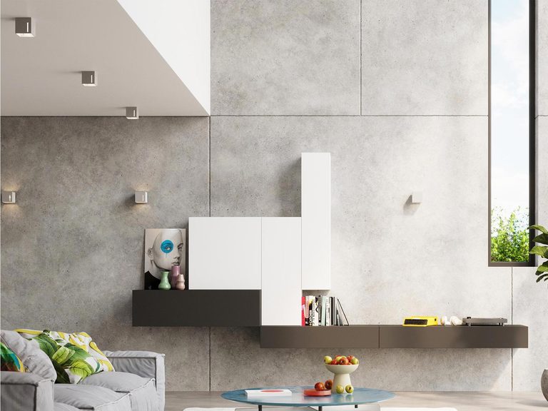 Nowoczesny salon z betonem architektonicznym