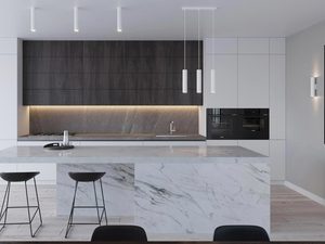 Miniaturka 4 - Białe oświetlenie wiszące LED nad marmurową wyspą kuchenną