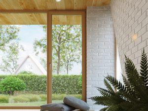 Miniaturka 10 - Drewniany sufit z białą lampą LED punktową w rogu salonu