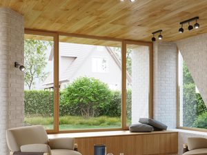 Miniaturka 4 - Drewniany salon z szynową lampą LED z czarnymi reflektorami