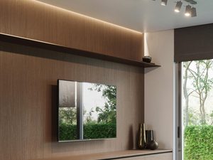 Miniaturka 23 - Salon w stylu japandi z szyną LED i zabudową RTV z drewna