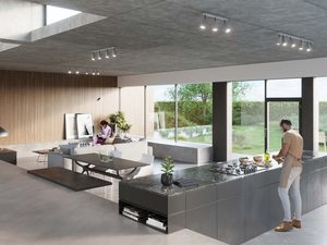 Miniaturka 14 - Nowoczesna kuchnia z dużymi oknami i minimalistycznym oświetleniem sufitowym