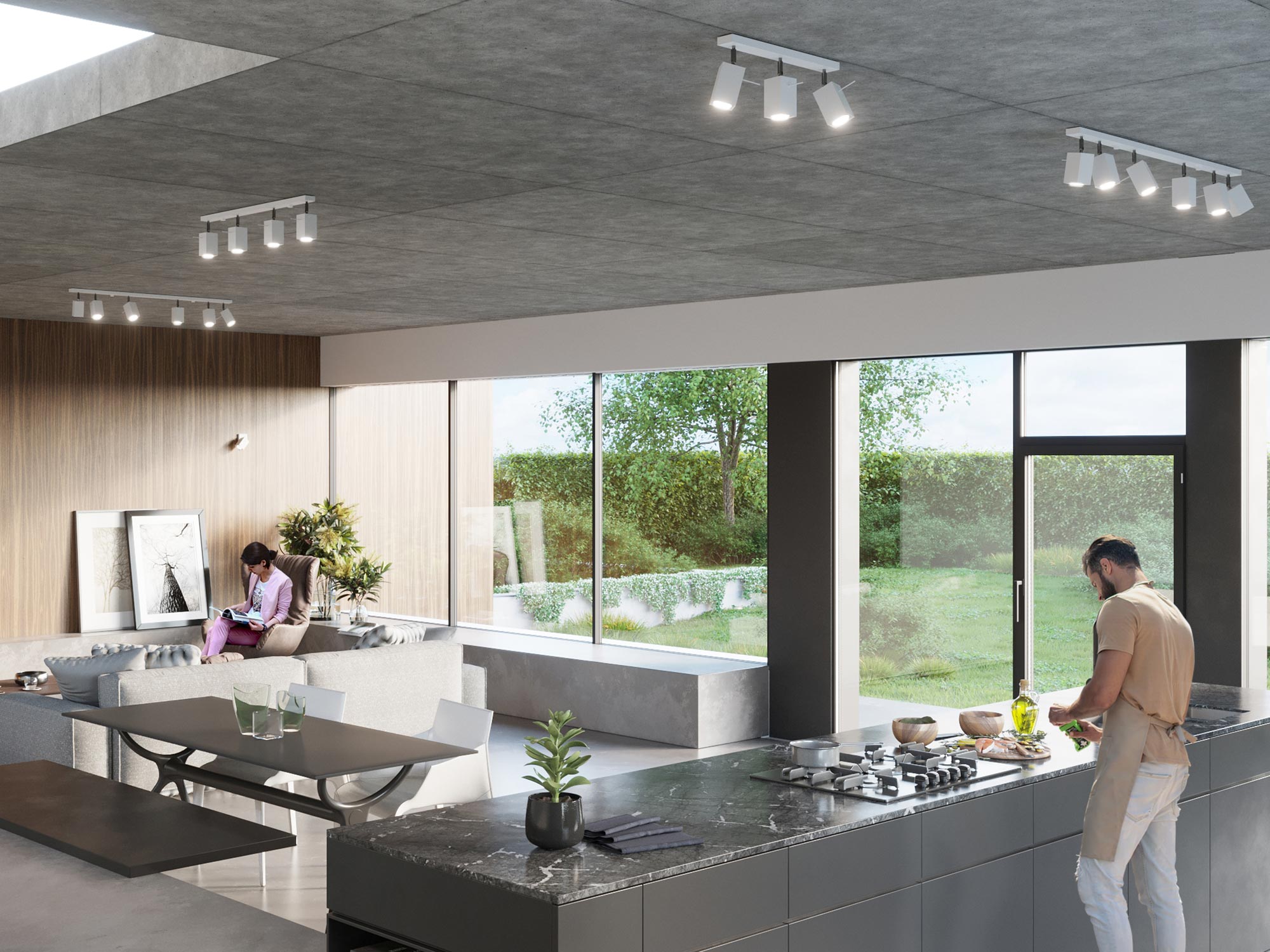Otwarta przestrzeń z reflektorami LED nad wyspą kuchenną