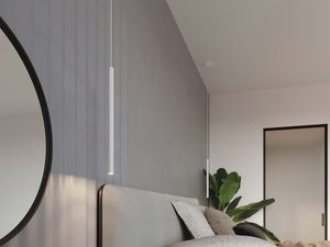 Miniaturka 5 - Nowoczesna sypialnia z wąską lampą wiszącą nad stolikiem nocnym
