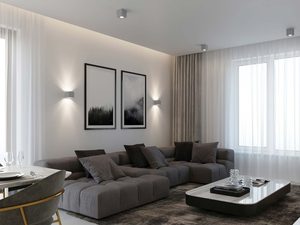 Miniaturka 5 - Nowoczesny salon z kinkietami ściennymi emitującymi światło ku górze i dołowi