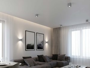 Miniaturka 4 - Pokój dzienny z białymi kinkietami i dużymi zasłonami