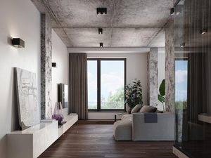 Miniaturka 9 - Pokój z betonowym sufitem i czarnym kinkietem LED