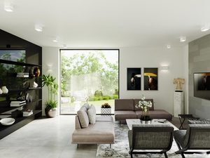 Miniaturka 11 - Salon z dużym oknem i nowoczesnym białym kinkietem LED