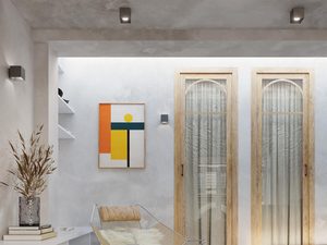 Miniaturka 21 - Designerski hol z czarnym kinkietem LED i grafiką