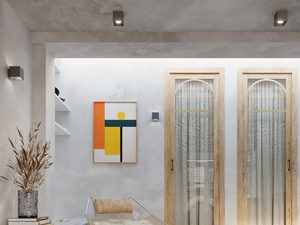 Nowoczesny przedpokój z czarnym plafonem LED i obrazem na ścianie Nowoczesny przedpokój z czarnym plafonem LED i obrazem na ścianie