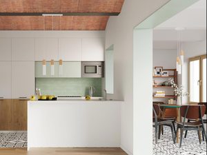 Miniaturka 7 - Trzy punkty świetlne w nowoczesnej kuchni z drewnianym sufitem
