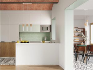 Miniaturka 3 - Lampy wiszące białe z drewnem w kuchni z wyspą