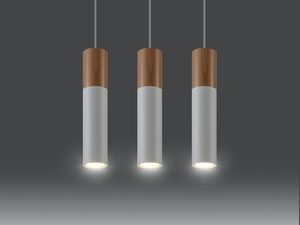 Miniaturka 2 - Potrójna lampa wisząca z białym kloszem i drewnianą bazą