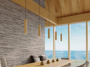 Miniaturka 4 - Drewniane lampy wiszące w jadalni z widokiem na morze