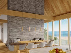 Miniaturka 5 - Nowoczesna jadalnia z pięcioma wiszącymi lampami z drewna nad stołem