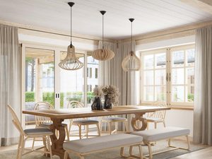 Miniaturka 4 - Drewniane lampy wiszące nad jasnym stołem – duże okna w tle