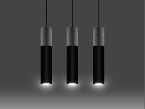 Miniaturka 2 - Potrójna czarna lampa wisząca z betonową oprawą na tle szarej ściany