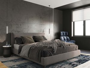 Miniaturka 3 - Sypialnia z ciemną ścianą i betonową lampą wiszącą nad stolikiem