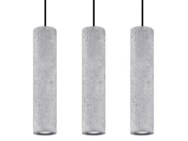 Lampa betonowa o wysokości 30 cm, zawieszona na cienkim przewodzie