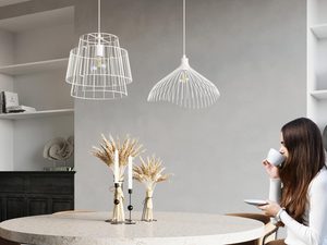 Miniaturka 10 - Dwie białe lampy wiszące z cienkich metalowych prętów