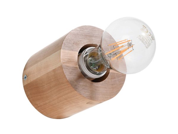 Lampa montowana na ścianie w formie drewnianego walca z żarówką