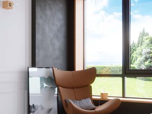 Miniaturka 5 - Stylowy pokój dzienny z kinkietem drewnianym przy dużym oknie