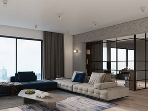 Miniaturka 5 - Przestronny pokój dzienny z sufitowymi lampami w stylu industrialnym