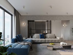 Miniaturka 4 - Salon z wieloma punktami świetlnymi w betonowych oprawach