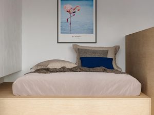 Miniaturka 4 - Sypialnia z oprawami LED sufitowymi i obrazem w stylu japandi