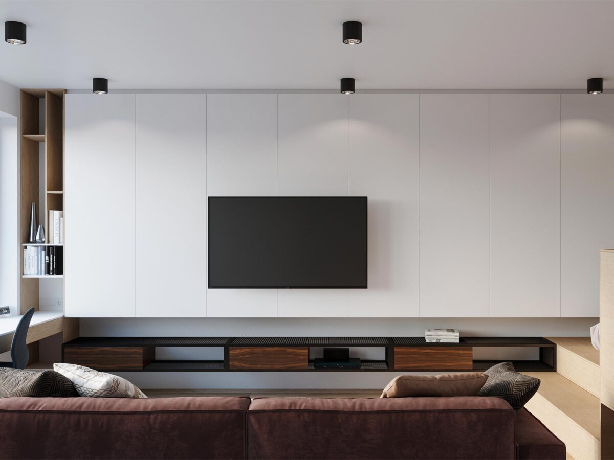 Minimalistyczny salon z ukrytą funkcjonalnością