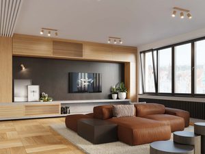 Miniaturka 4 - Salon z drewnianą listwą oświetleniową z czterema reflektorami