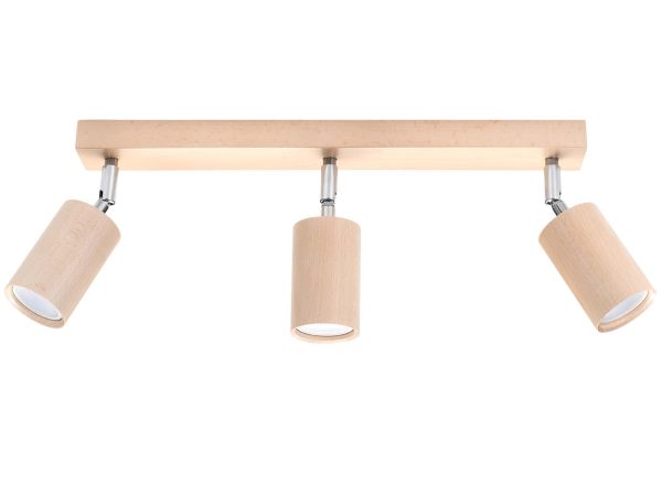 Drewniana listwa sufitowa z czterema reflektorami o cylindrycznych kloszach