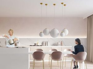 Miniaturka 11 - Kuchnia z białymi lampami kulami i złotymi elementami