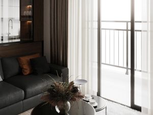 Miniaturka 9 - Salon z czarną lampą LED o kształcie półkuli i dużymi zasłonami