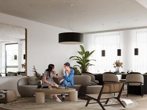 Miniaturka 3 - Nowoczesna aranżacja salonu z czarną lampą LED i jasną sofą