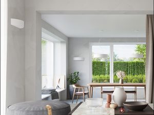 Miniaturka 11 - Jadalnia z dużym oknem i minimalistyczną lampą LED