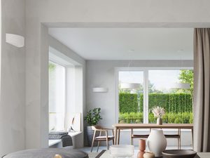 Miniaturka 5 - Jasna aranżacja jadalni z białą lampą LED i zasłonami