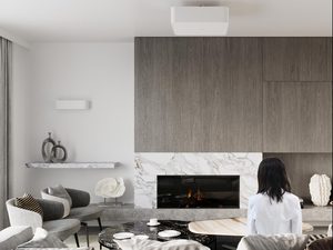 Miniaturka 3 - Designerski biały kinkiet ścienny w minimalistycznym salonie z kominkiem