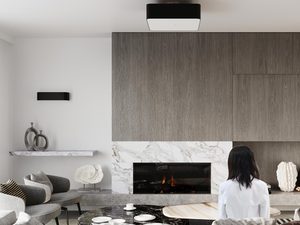 Miniaturka 9 - Wnętrze z czarnym plafonem i ciemną zabudową meblową