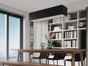 Miniaturka 10 - Jadalnia z czarną lampą liniową i drewnianym stołem