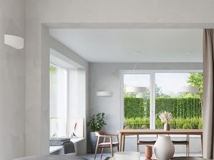 Miniaturka 5 - Jasna jadalnia z okrągłą lampą LED i zasłonami w stylu japandi