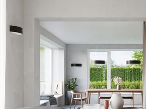 Miniaturka 11 - Minimalistyczna jadalnia z czarną lampą LED i dużym oknem