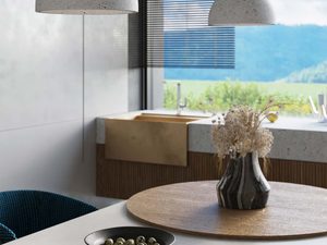 Miniaturka 3 - Aranżacja jadalni z betonową lampą wiszącą przy dużym oknie