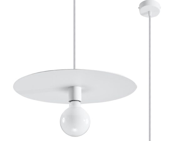 Minimalistyczna lampa wisząca z białym dyskiem i żarówką